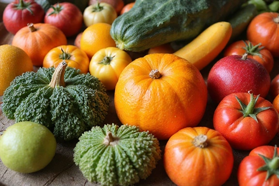 A colorful array of fresh fruits and vegetables, highlighting the benefits of eating seasonally.
