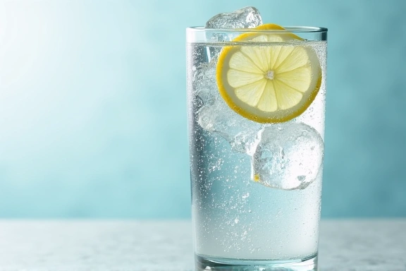 A clear glass of water with ice and a lemon slice, symbolizing the importance of hydration for well-being.