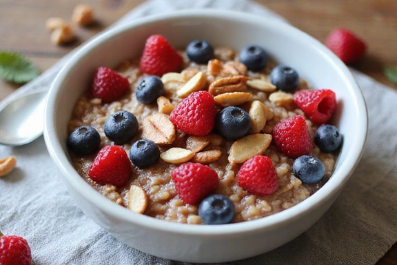 A vibrant bowl of overnight oats with berries and nuts, representing a quick and healthy breakfast idea.