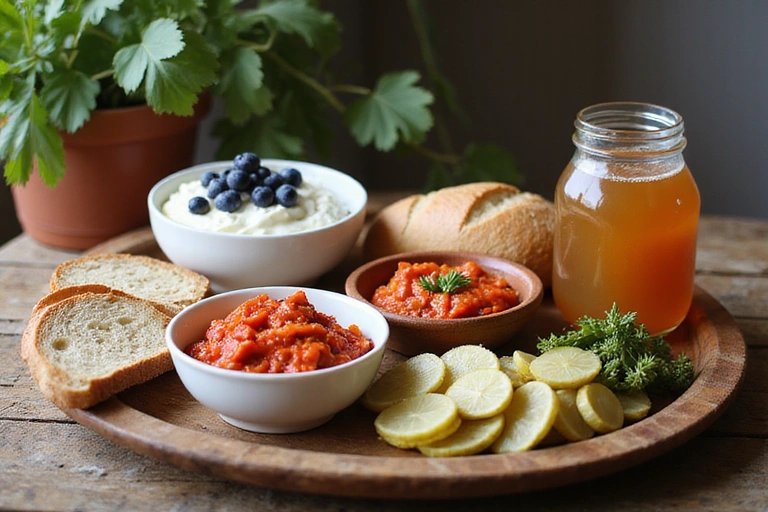 Variety of fermented foods like yogurt, kimchi, and kombucha on a rustic wooden table