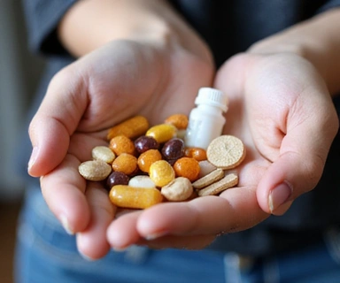 A hand holding a variety of nutritional supplements (vitamins, minerals).