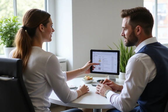 A nutritionist consulting with a client, pointing to a diet plan on a tablet.