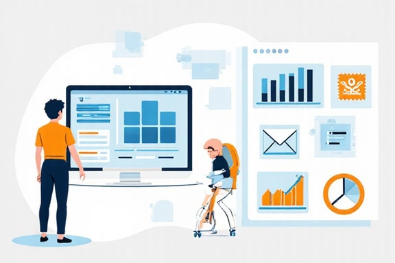 Illustration showing communication channels like email, phone, and analytics charts
