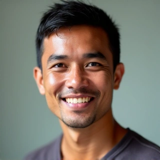 A smiling Indonesian man in his 40s, looking healthy and content.