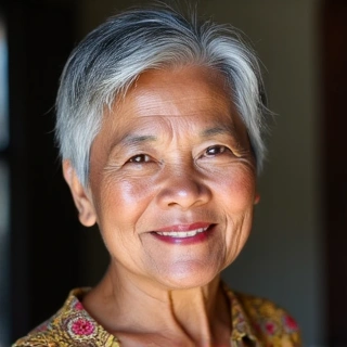 An older Indonesian woman with a serene and contented expression.